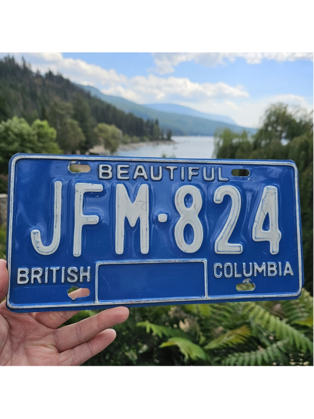 1980s British Columbia License Plate JFM-824 Beautiful BC Canada Blue White